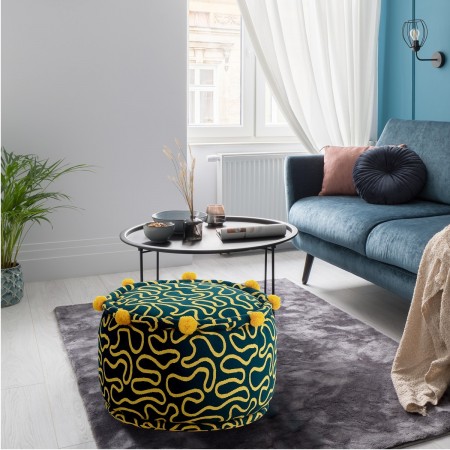 Pouf rotondo WOVEN YELLOW cotone 100% colore giallo e blu cm D45 H30
