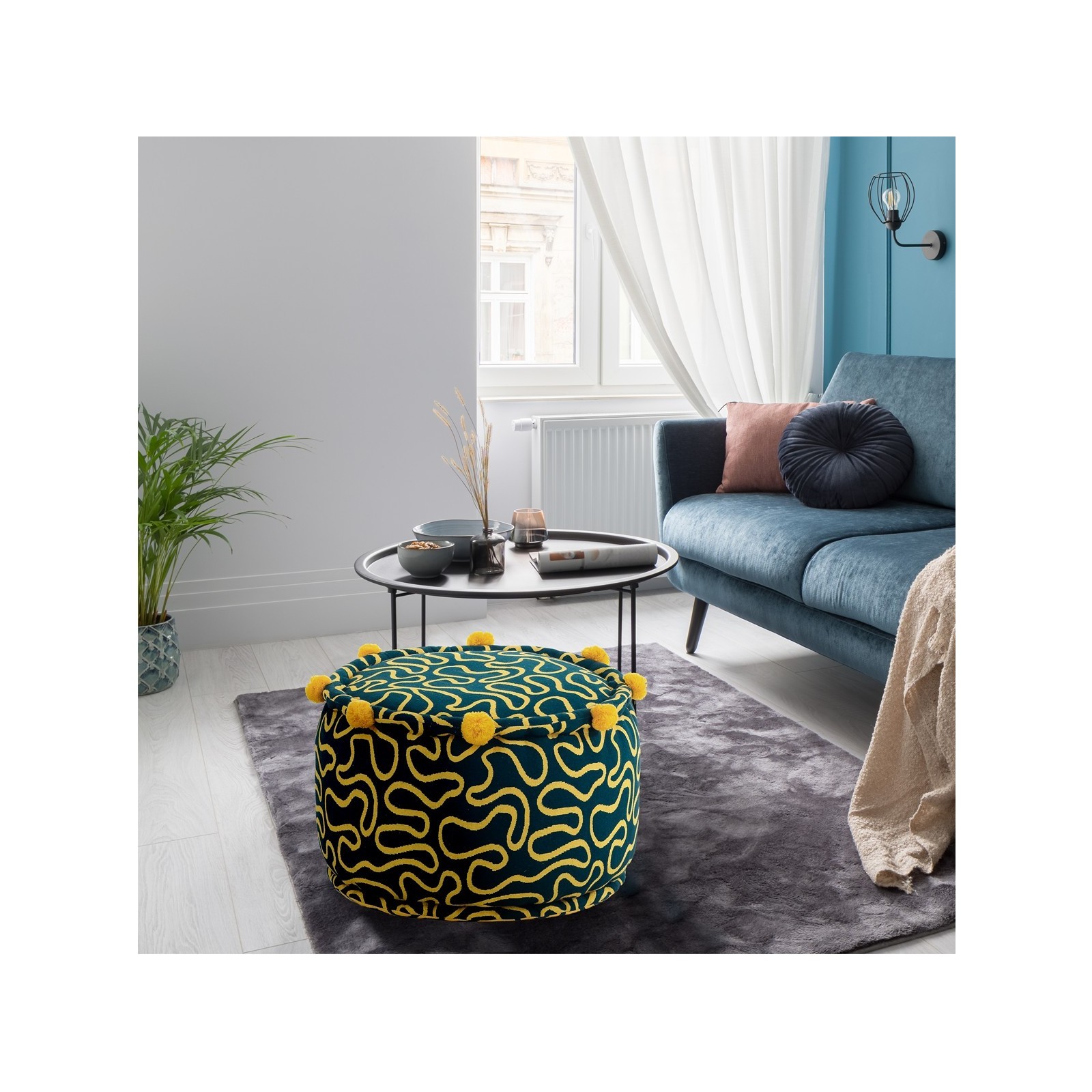 Pouf rotondo WOVEN YELLOW cotone 100% colore giallo e blu cm D45 H30