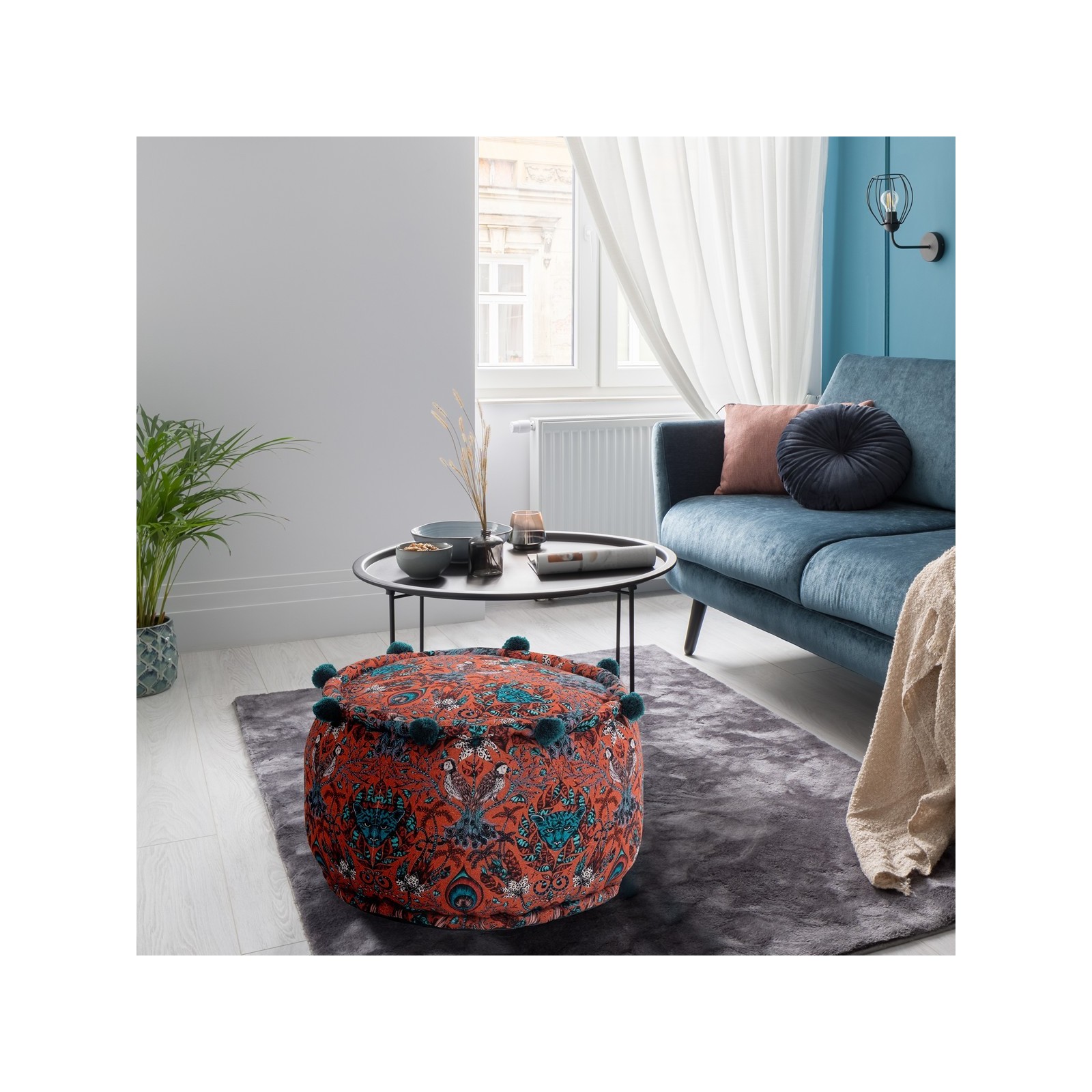 Pouf rotondo KLASS CORAL rivestimento 100% cotone a fantasia colore Corallo cm D45 H30