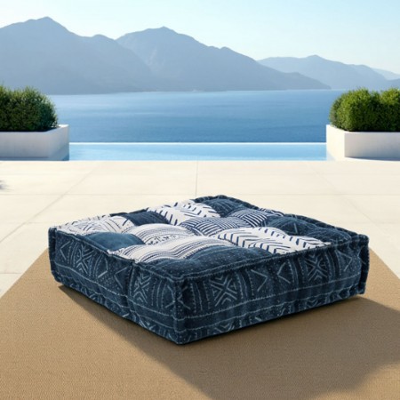 Pouf Quadrato Kamar Blue/Beige rivestimento Cotone 100%, 80x80xh20 cm