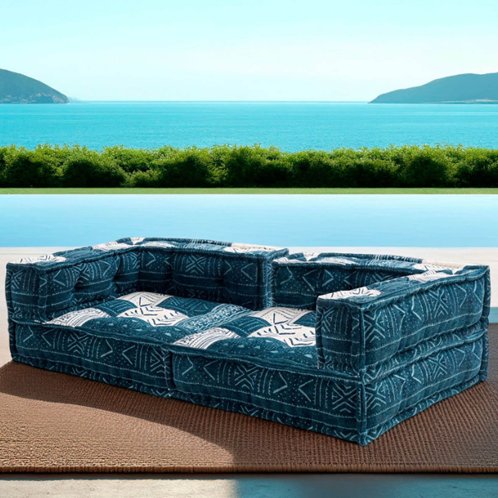 Divano 2 Posti Kamar Composizione 05 rivestimento Cotone 100% Blu e Bianco, 160x80xh40 cm