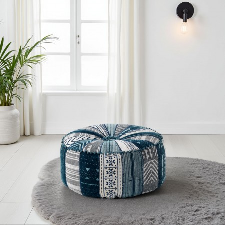 Pouf Rotondo Kamar Blue Patch rivestimento Cotone 100% patchwork Blu, d60xh30 cm