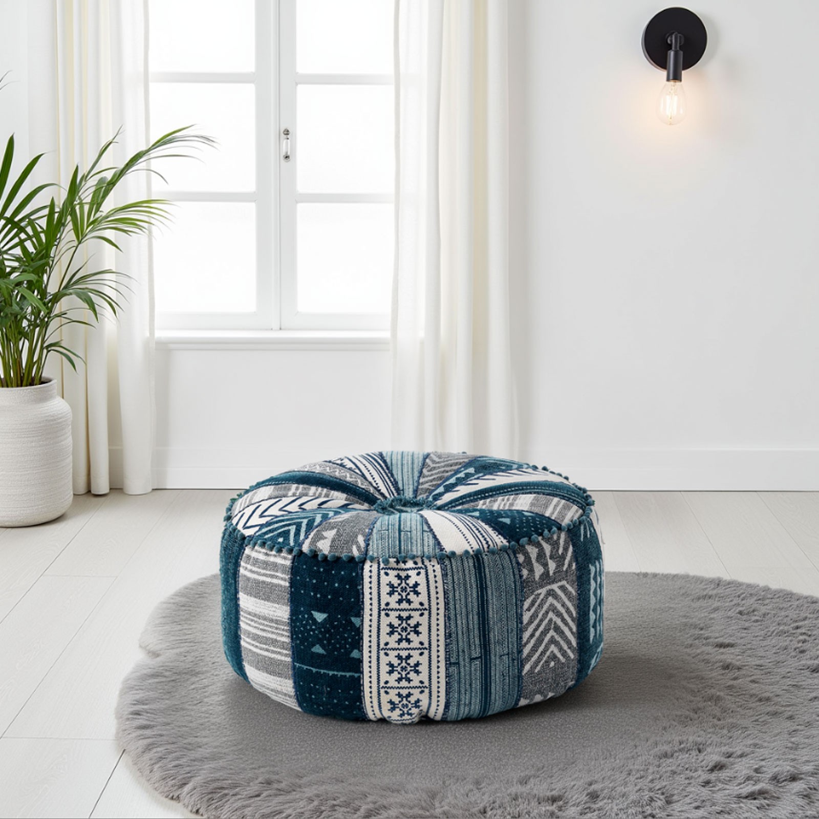 Pouf Rotondo Kamar Blue Patch rivestimento Cotone 100% patchwork Blu, d60xh30 cm