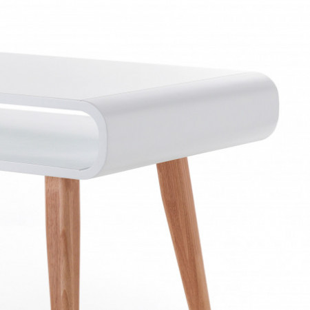 Tavolo / Scrivania Yves top con vano verniciato Bianco semilucido e Gambe in legno massello finitura Rovere, 130x70 cm