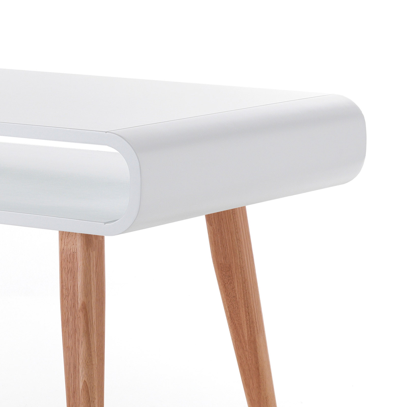 Tavolo / Scrivania Yves top con vano verniciato Bianco semilucido e Gambe in legno massello finitura Rovere, 130x70 cm