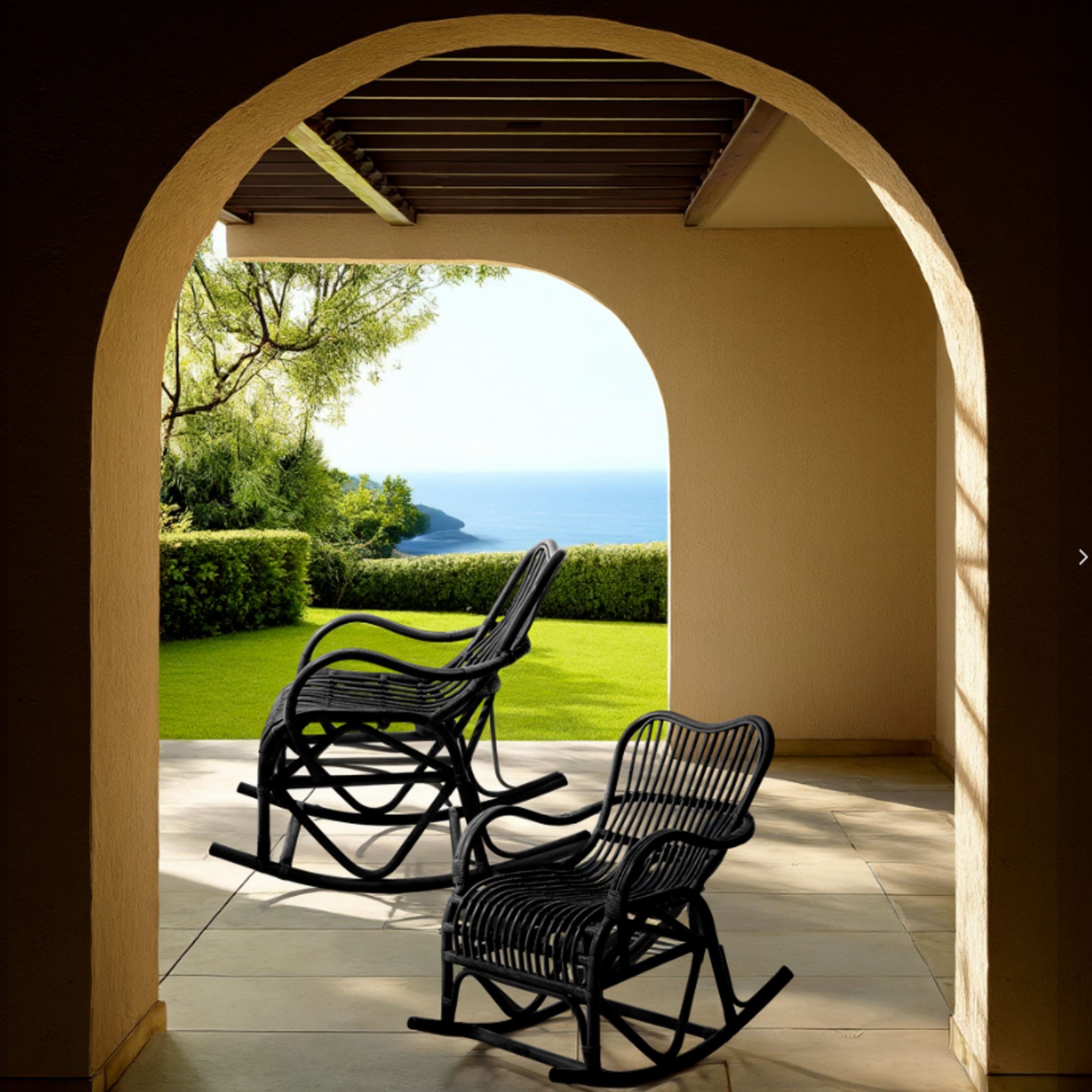 Sedia a Dondolo Tex Black in Rattan Nero per interno/esterno, 100x85xh85 cm