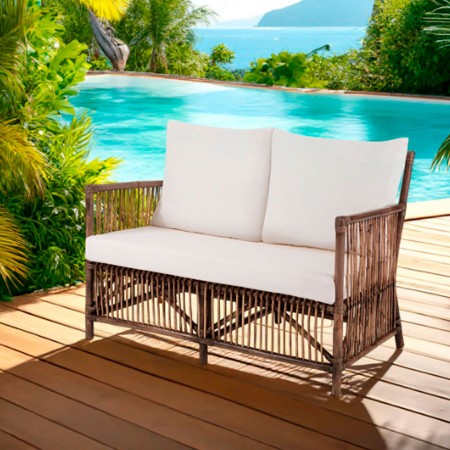 Divano 2 posti Numana White in Rattan con cuscini in Cotone per interno/esterno, 116x70xh84 cm