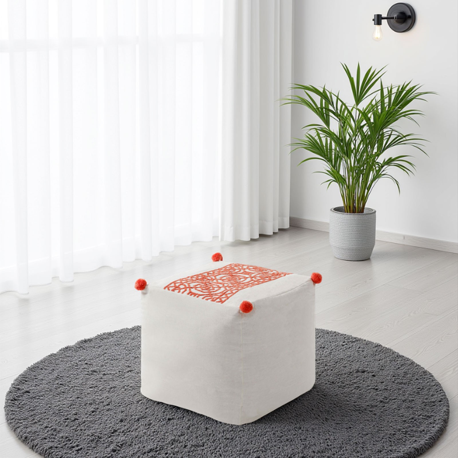Pouf Quadrato Dolly rivestimento Cotone 100% Bianco Arancione, 40x40xh40 cm