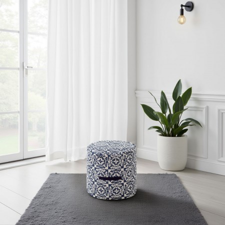 Pouf Rotondo Kiara rivestimento 100% Cotone Blu decorato, d45xh45 cm
