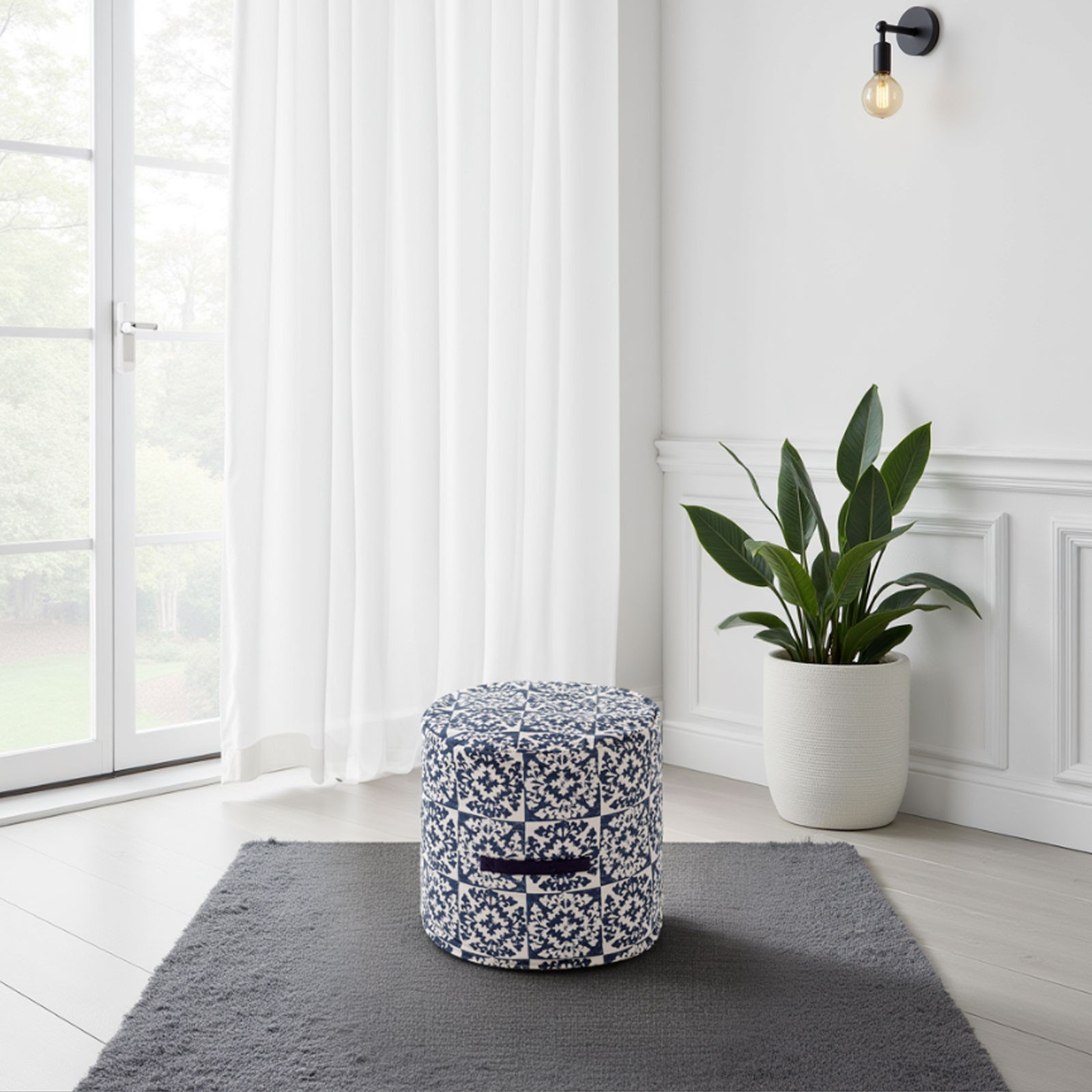 Pouf Rotondo Kiara rivestimento 100% Cotone Blu decorato, d45xh45 cm