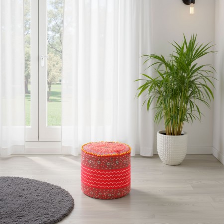 Pouf Rotondo Kozzi rivestimento 100% Cotone Rosso decorato, d45xh45 cm