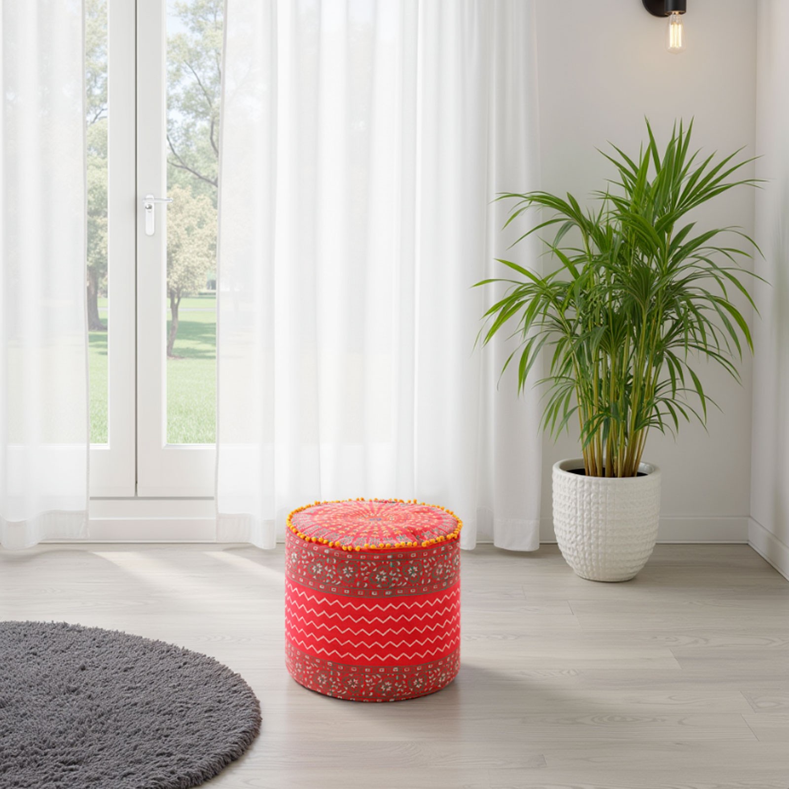 Pouf Rotondo Kozzi rivestimento 100% Cotone Rosso decorato, d45xh45 cm