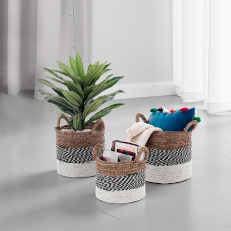Set 3 Cesti Peschici impilabili in Seagrass e Rafia Multicolore per interno/esterno