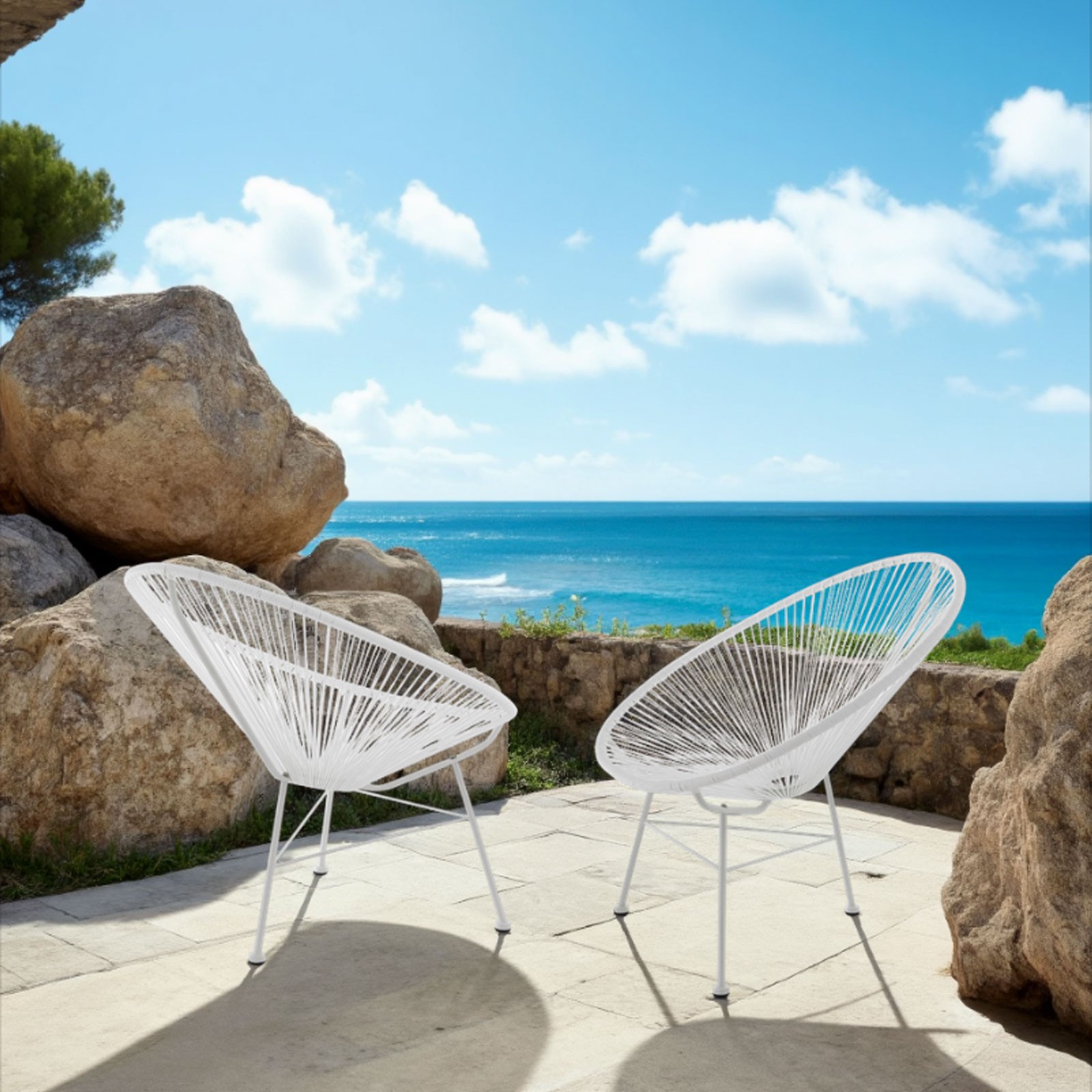 Poltrona da Interno e Esterno Bali White in Metallo Bianco Opaco e Cordoncino Bianco, 70x86xh86 cm