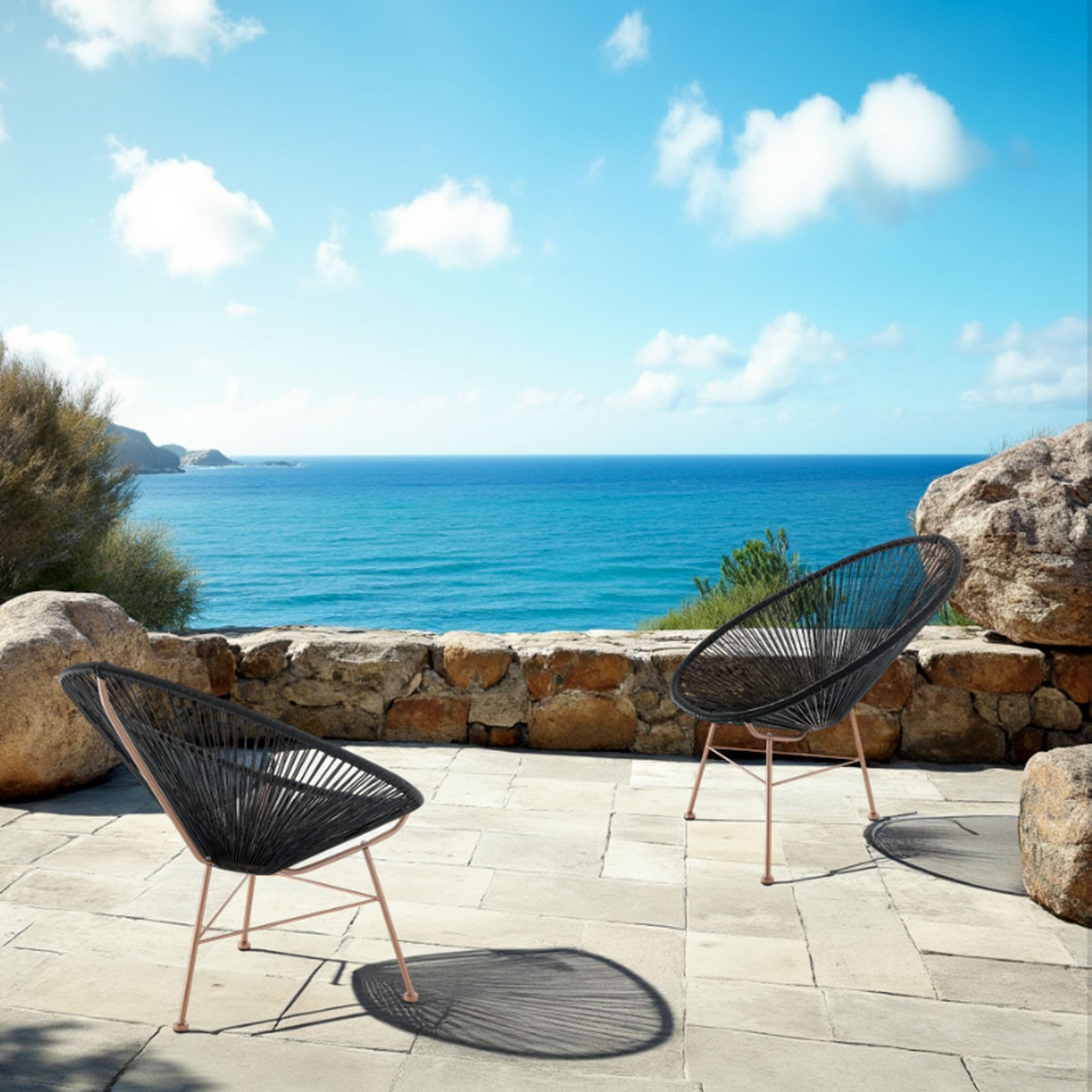 Poltrona da Interno e Esterno Bali Black in Metallo colore Rame Semilucido e Cordoncino Nero, 70x86xh86 cm