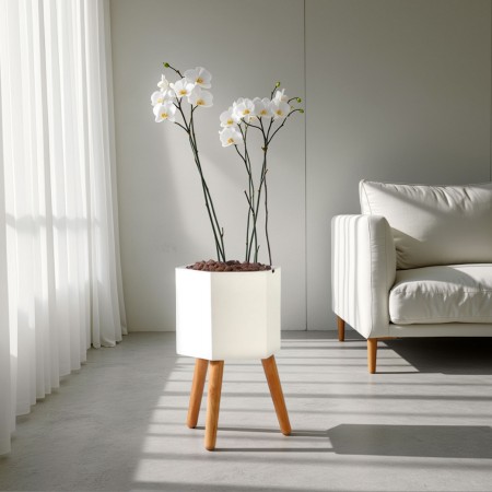 Vaso Autoinnaffiante per Esterno e Interno Carlotta - D Bianco Opaco e Legno Massello finitura Rovere 2.8 litri, d22.8xh42 cm