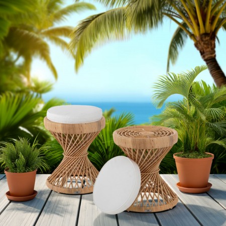 Sgabello Tavolino KOS in Rattan e cotone bianco cm D. 39 x H. 53