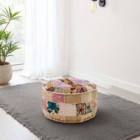 Pouf rotondo KAMAR BEIGE cotone 100% tecnica patchwork Made in INDIA, D50 H30 cm