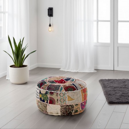 Pouf rotondo KAMAR MOSAIK cotone 100% decorazione tecnica patchwork Made in INDIA, D40 H20 cm