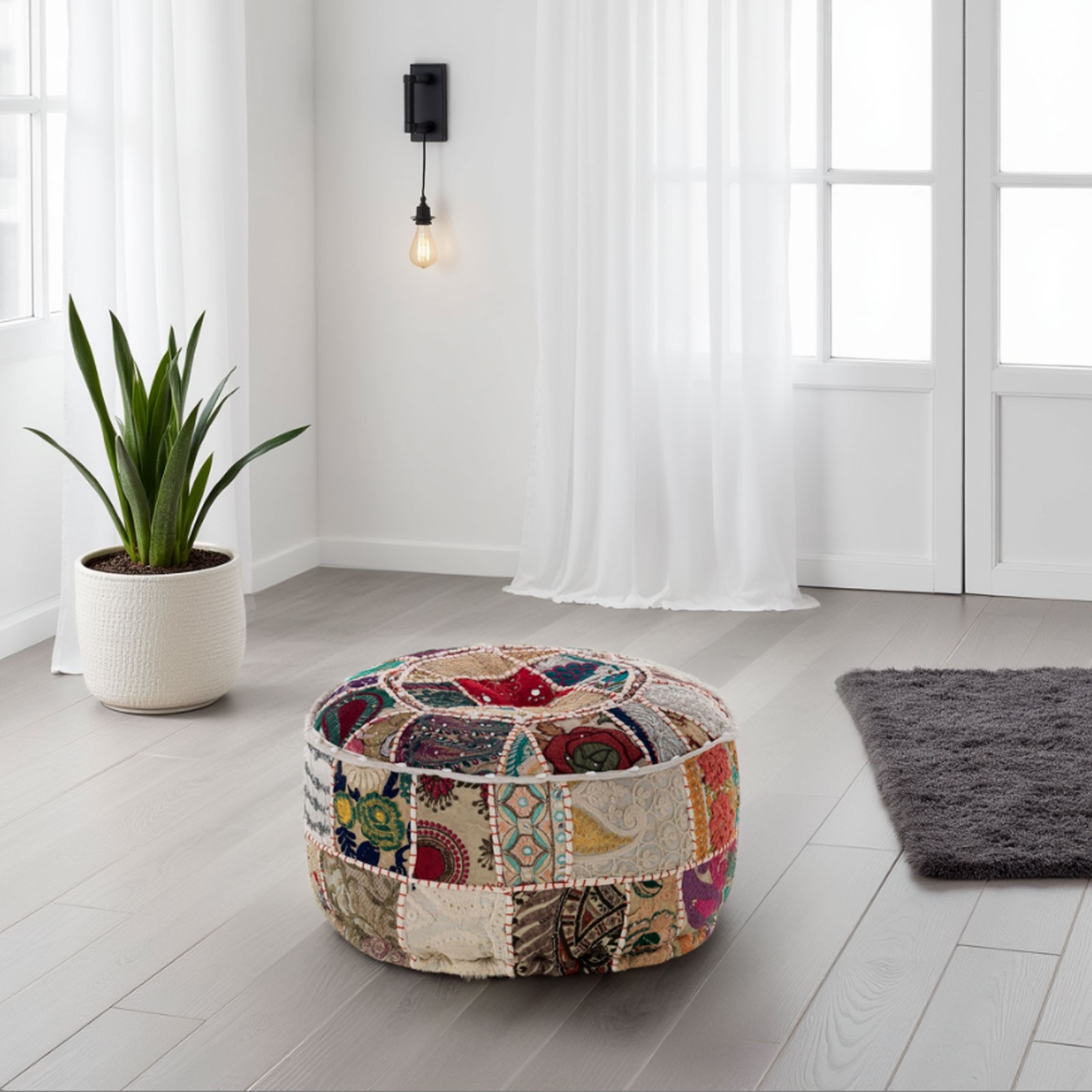 Pouf rotondo KAMAR MOSAIK cotone 100% decorazione tecnica patchwork Made in INDIA, D40 H20 cm