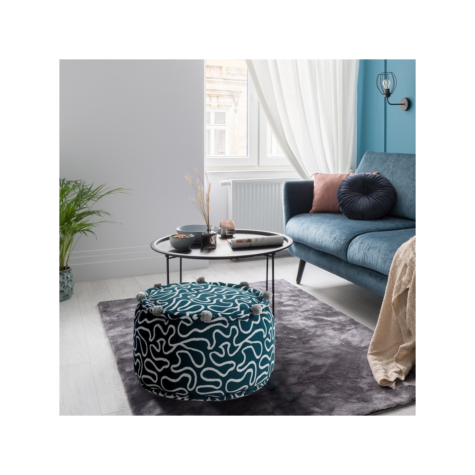 Pouf rotondo WOVEN BLUE cotone 100% colore grigio e blu cm D45 H30