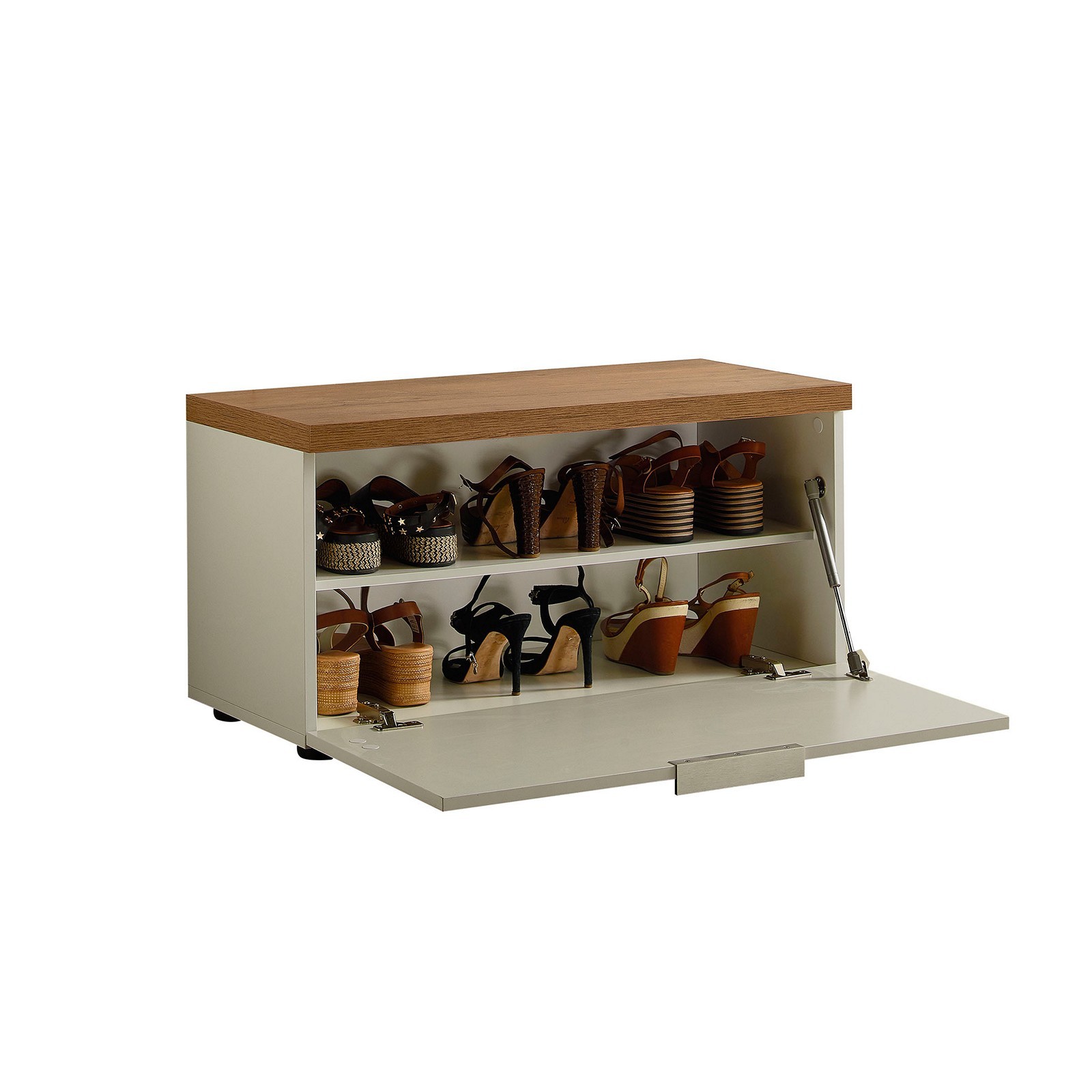 Panca - scarpiera 1 ante a ribalta TORONTO WHITE laccata Bianco lucido top finitura Rovere cm H42 L80 P38