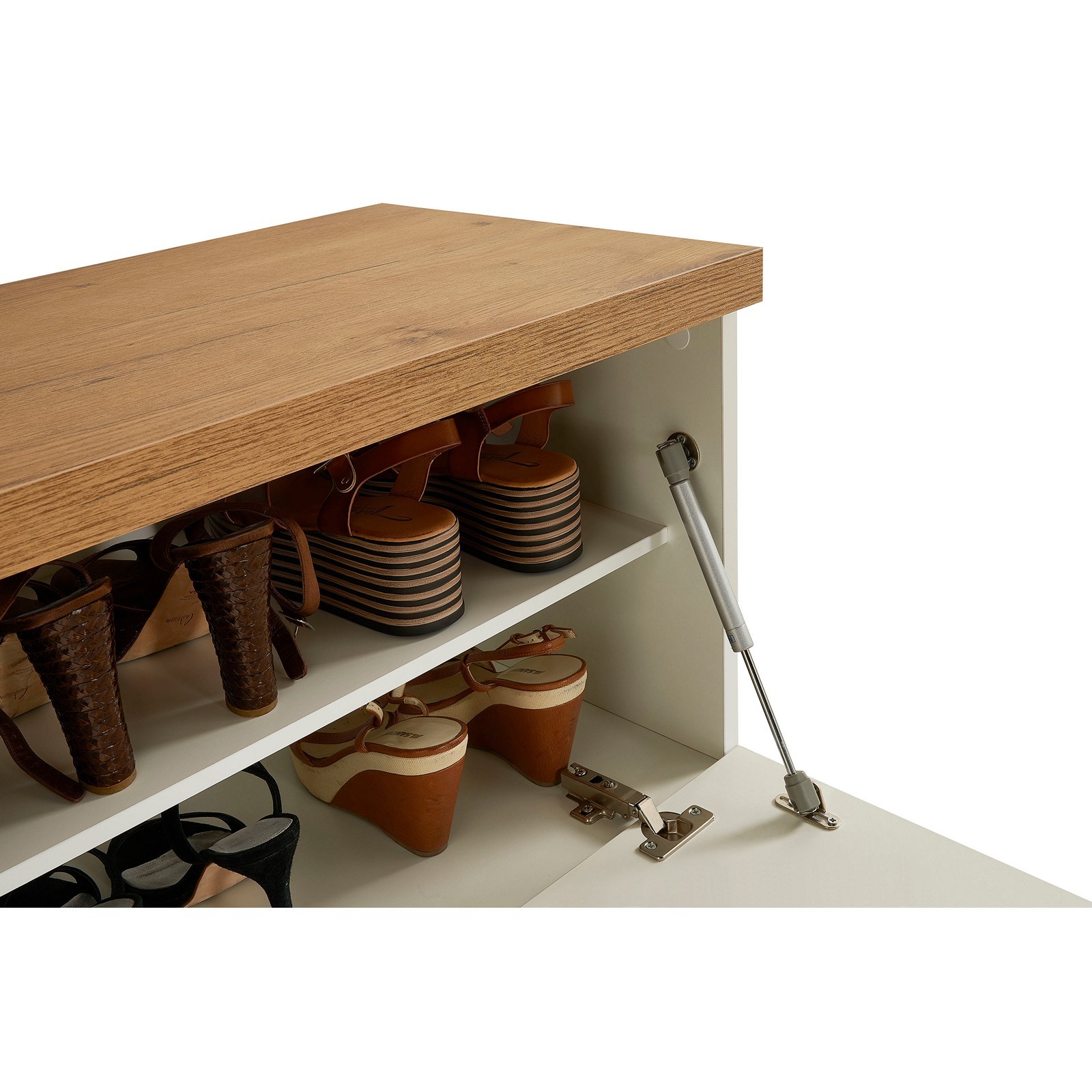 Panca - scarpiera 1 ante a ribalta TORONTO WHITE laccata Bianco lucido top finitura Rovere cm H42 L80 P38