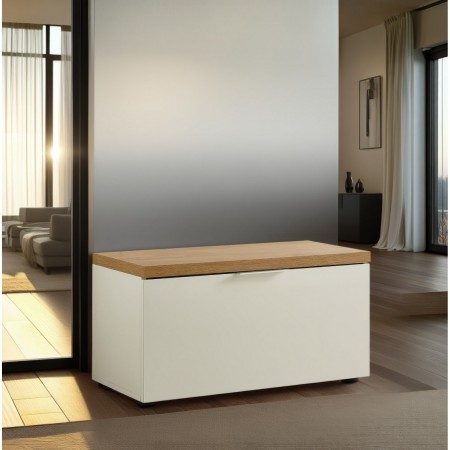 Panca scarpiera 1 ante a ribalta TORONTO WHITE laccata Bianco lucido top finitura Rovere cm H42 L80 P38