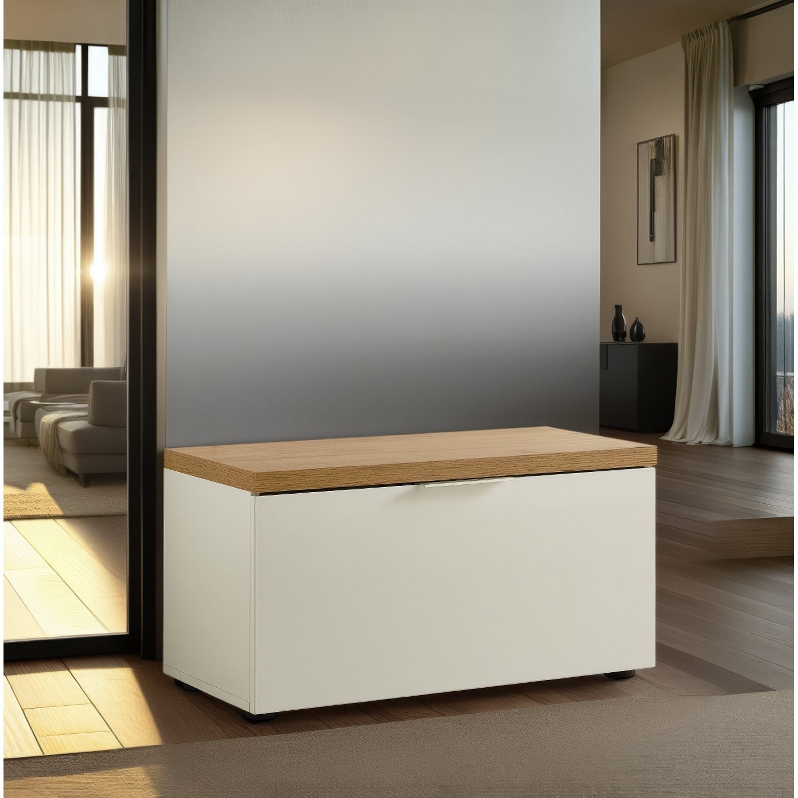 Panca scarpiera 1 ante a ribalta TORONTO WHITE laccata Bianco lucido top finitura Rovere cm H42 L80 P38