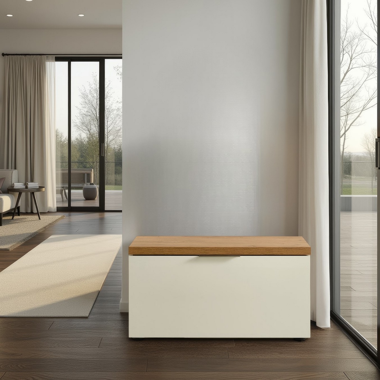 Panca - scarpiera 1 ante a ribalta TORONTO WHITE laccata Bianco lucido top finitura Rovere cm H42 L80 P38