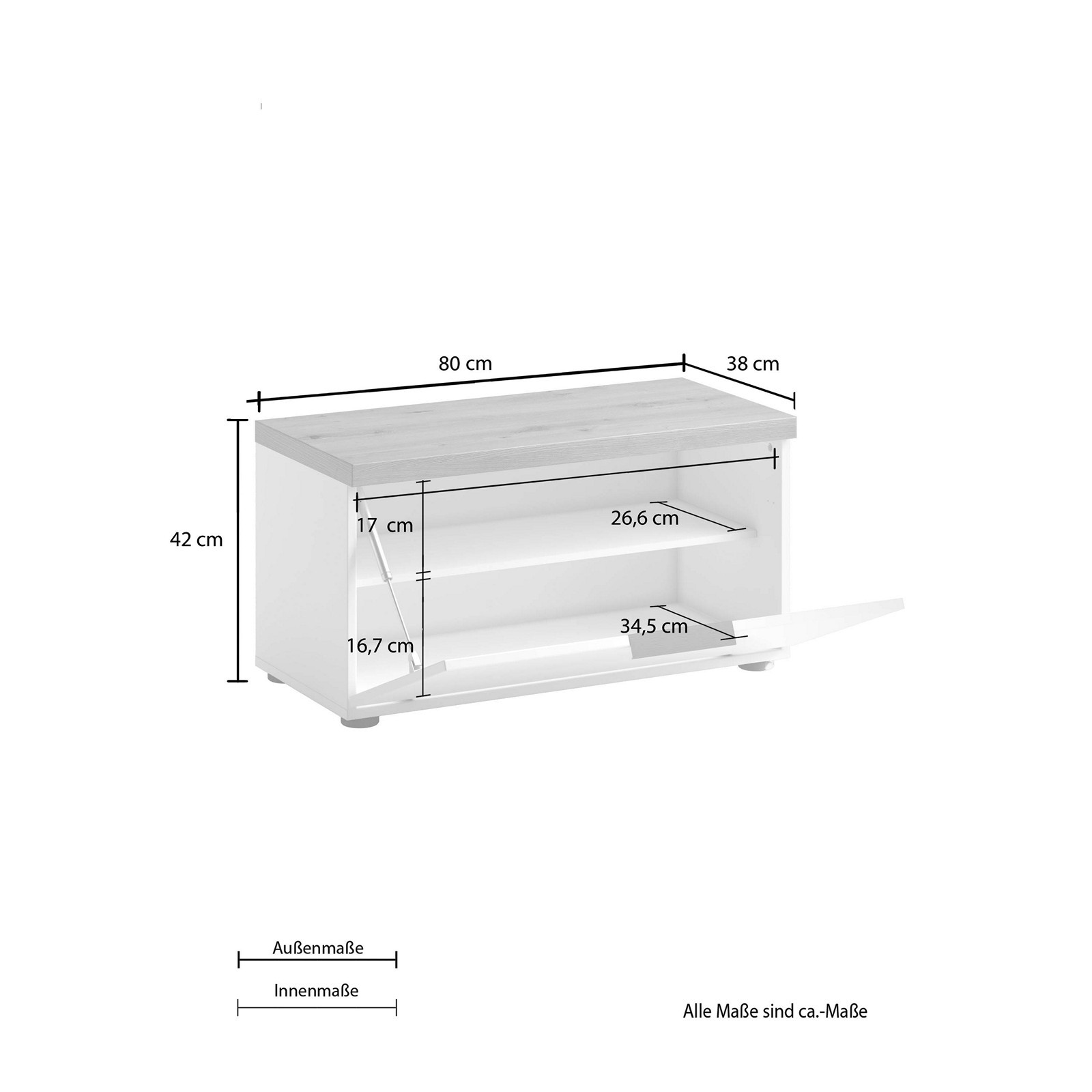Panca - scarpiera 1 ante a ribalta TORONTO WHITE laccata Bianco lucido top finitura Rovere cm H42 L80 P38