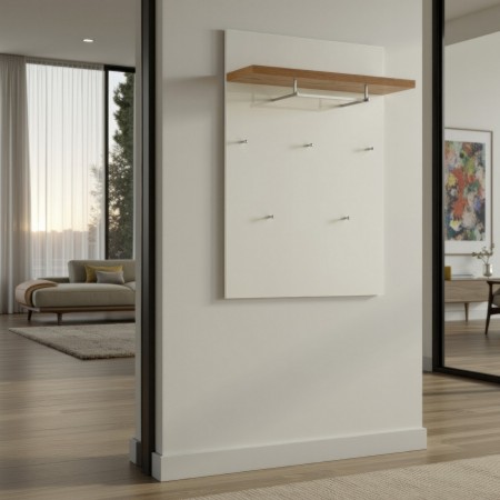 Pannello appendiabiti da parete TORONTO WHITE laccato di colore Bianco lucido 5 ganci 1 barra appendiabiti cm H115 L80 P25