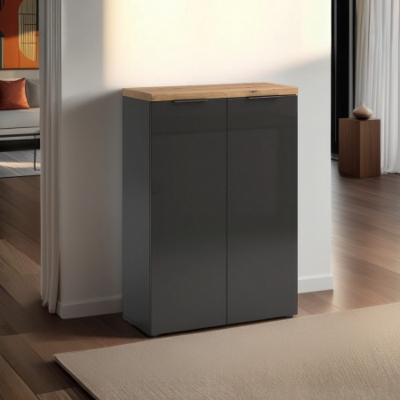 Scarpiera 2 ante 5 ripiani interni TORONTO GREY laccata Antracite lucido top finitura Rovere cm H115 L80 P34