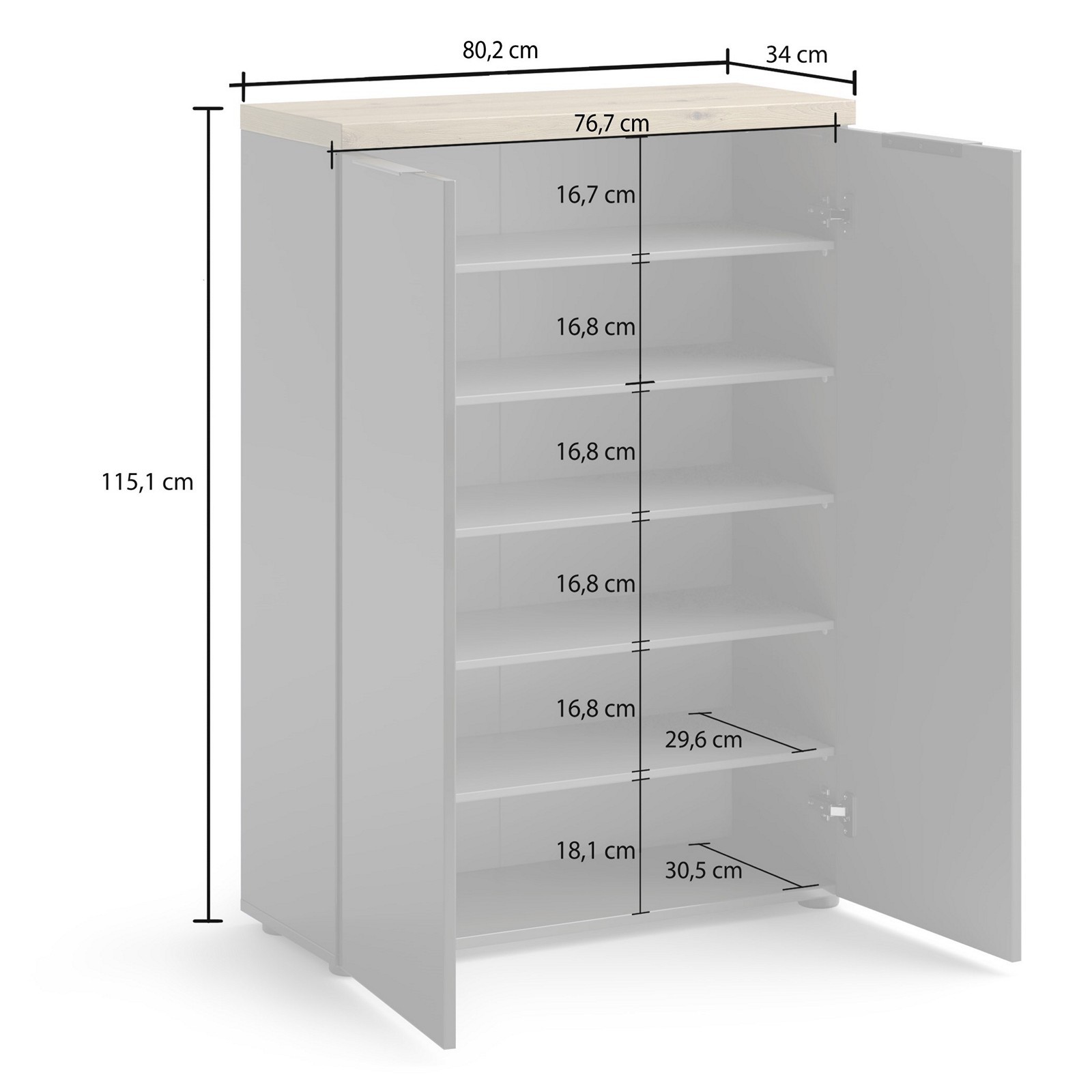 Scarpiera 2 ante 5 ripiani interni TORONTO GREY laccata Antracite lucido top finitura Rovere cm H115 L80 P34