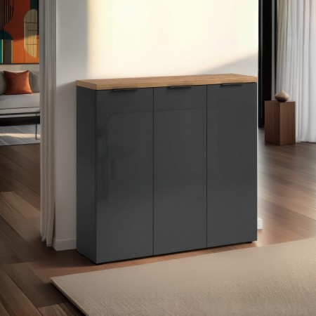 Scarpiera 3 ante 10 ripiani interni TORONTO GREY laccata Antracite lucido top finitura Rovere cm H115 L120,3 P34