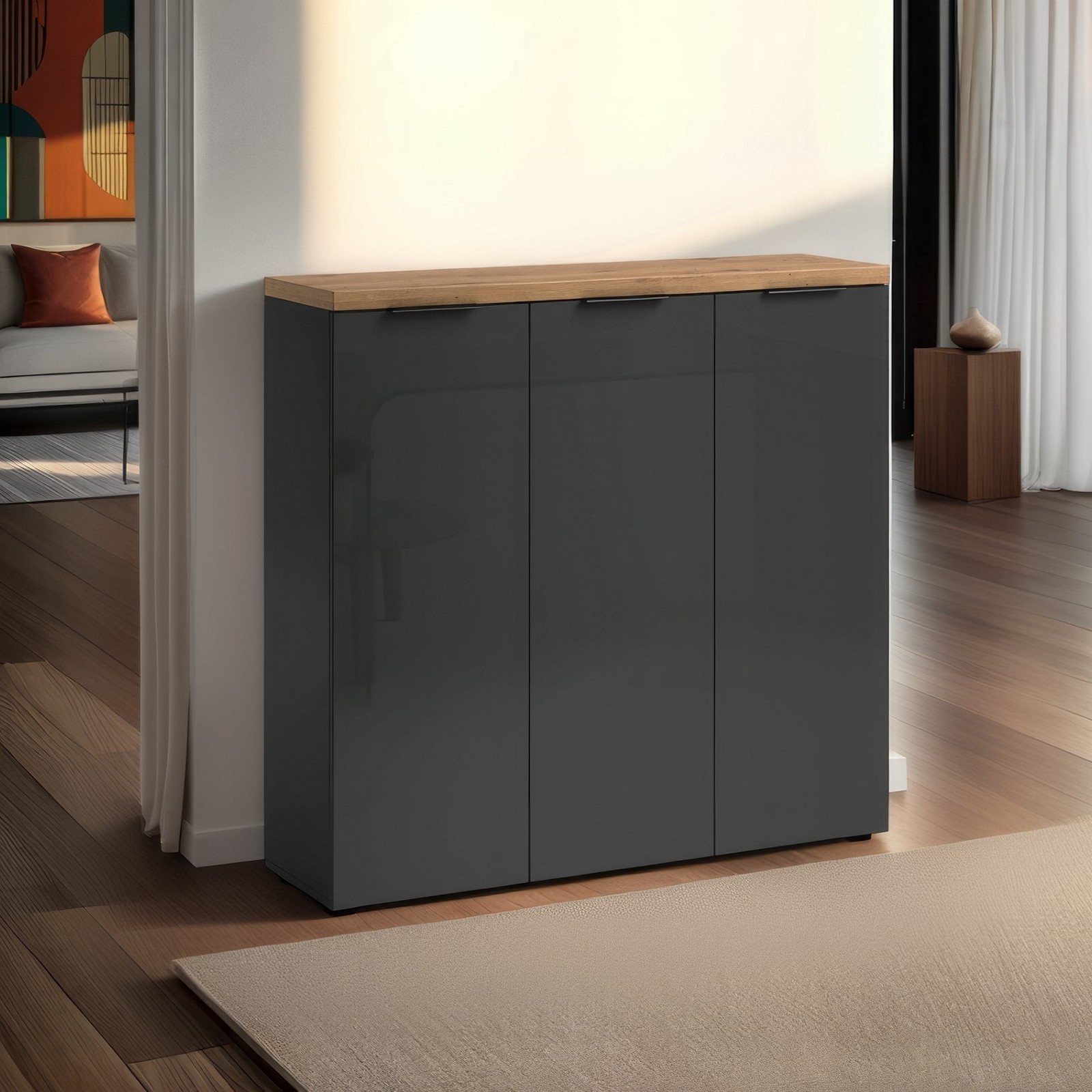 Scarpiera 3 ante 10 ripiani interni TORONTO GREY laccata Antracite lucido top finitura Rovere cm H115 L120,3 P34