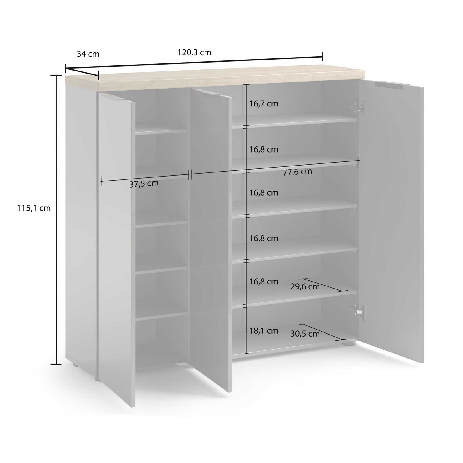 Scarpiera 3 ante 10 ripiani interni TORONTO GREY laccata Antracite lucido top finitura Rovere cm H115 L120,3 P34