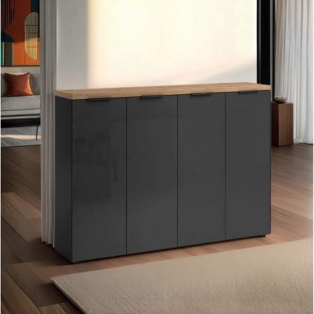 Scarpiera 4 ante 10 ripiani interni TORONTO GREY laccata Antracite lucido top finitura Rovere cm H115 L160,4 P34