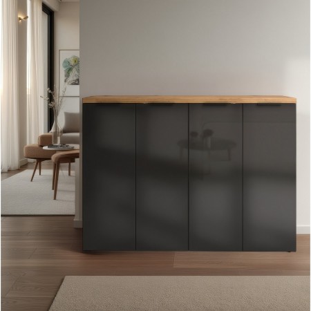 Scarpiera 4 ante 10 ripiani interni TORONTO GREY laccata Antracite lucido top finitura Rovere cm H115 L160,4 P34