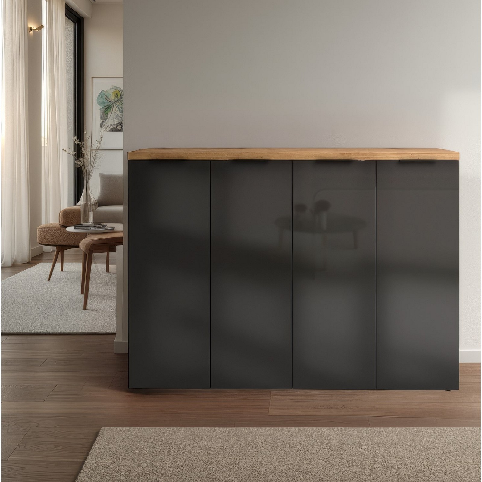 Scarpiera 4 ante 10 ripiani interni TORONTO GREY laccata Antracite lucido top finitura Rovere cm H115 L160,4 P34
