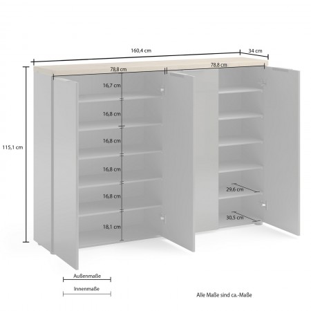 Scarpiera 4 ante 10 ripiani interni TORONTO GREY laccata Antracite lucido top finitura Rovere cm H115 L160,4 P34