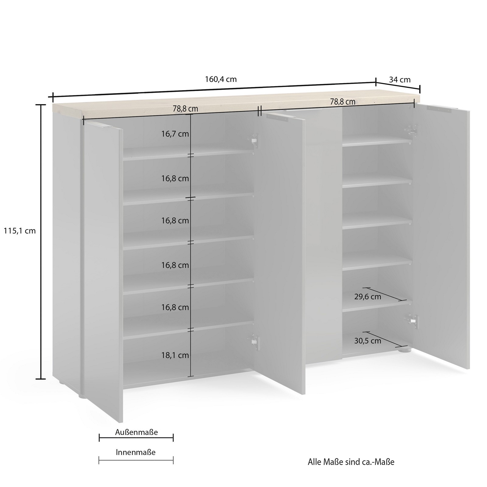 Scarpiera 4 ante 10 ripiani interni TORONTO GREY laccata Antracite lucido top finitura Rovere cm H115 L160,4 P34