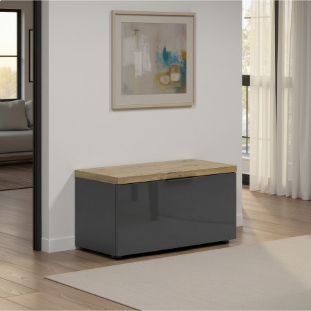 Panca - scarpiera 1 ante a ribalta TORONTO GREY laccata Antracite lucido top finitura Rovere cm H42 L80 P38