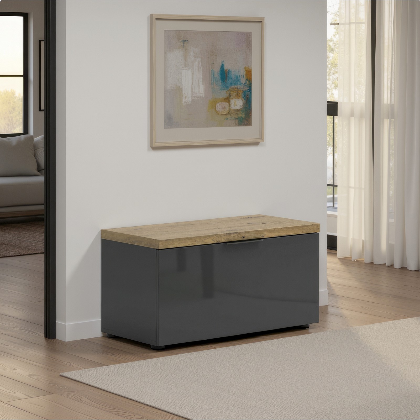Panca - scarpiera 1 ante a ribalta TORONTO GREY laccata Antracite lucido top finitura Rovere cm H42 L80 P38