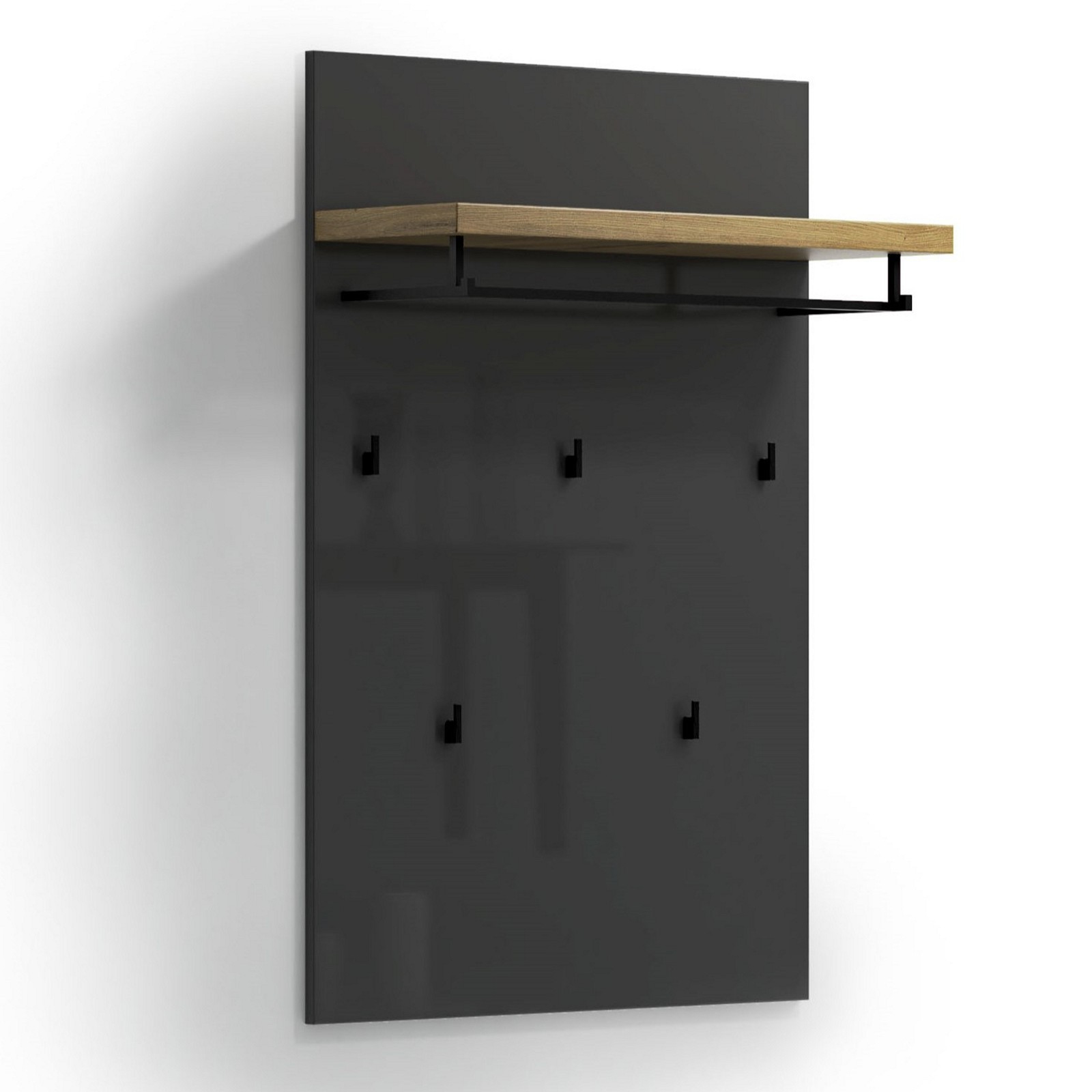 Pannello appendiabiti da parete TORONTO GREY laccato di colore Antracite lucido 5 ganci 1 barra appendiabiti cm H115 L80 P25