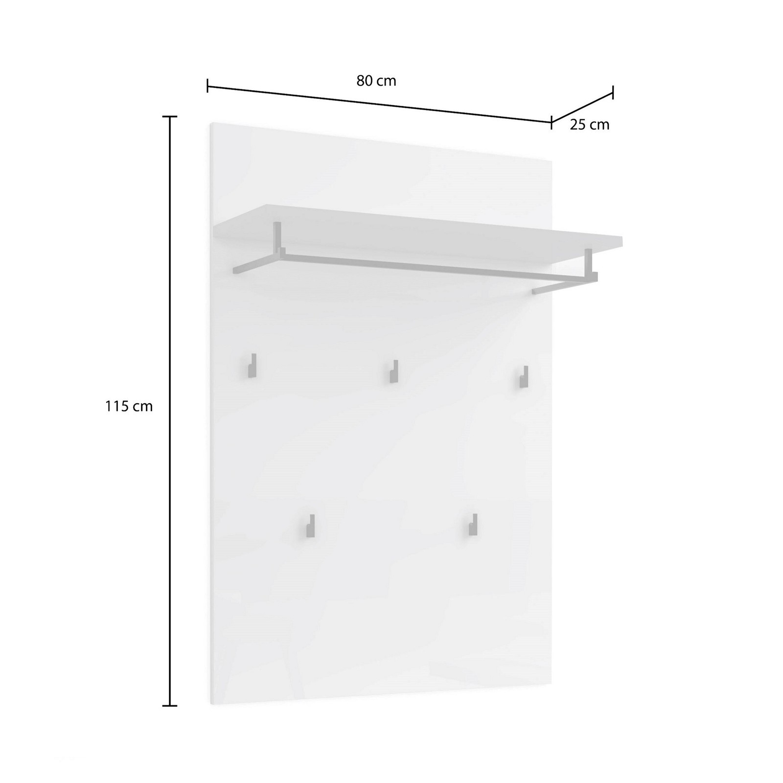 Pannello appendiabiti da parete TORONTO GREY laccato di colore Antracite lucido 5 ganci 1 barra appendiabiti cm H115 L80 P25