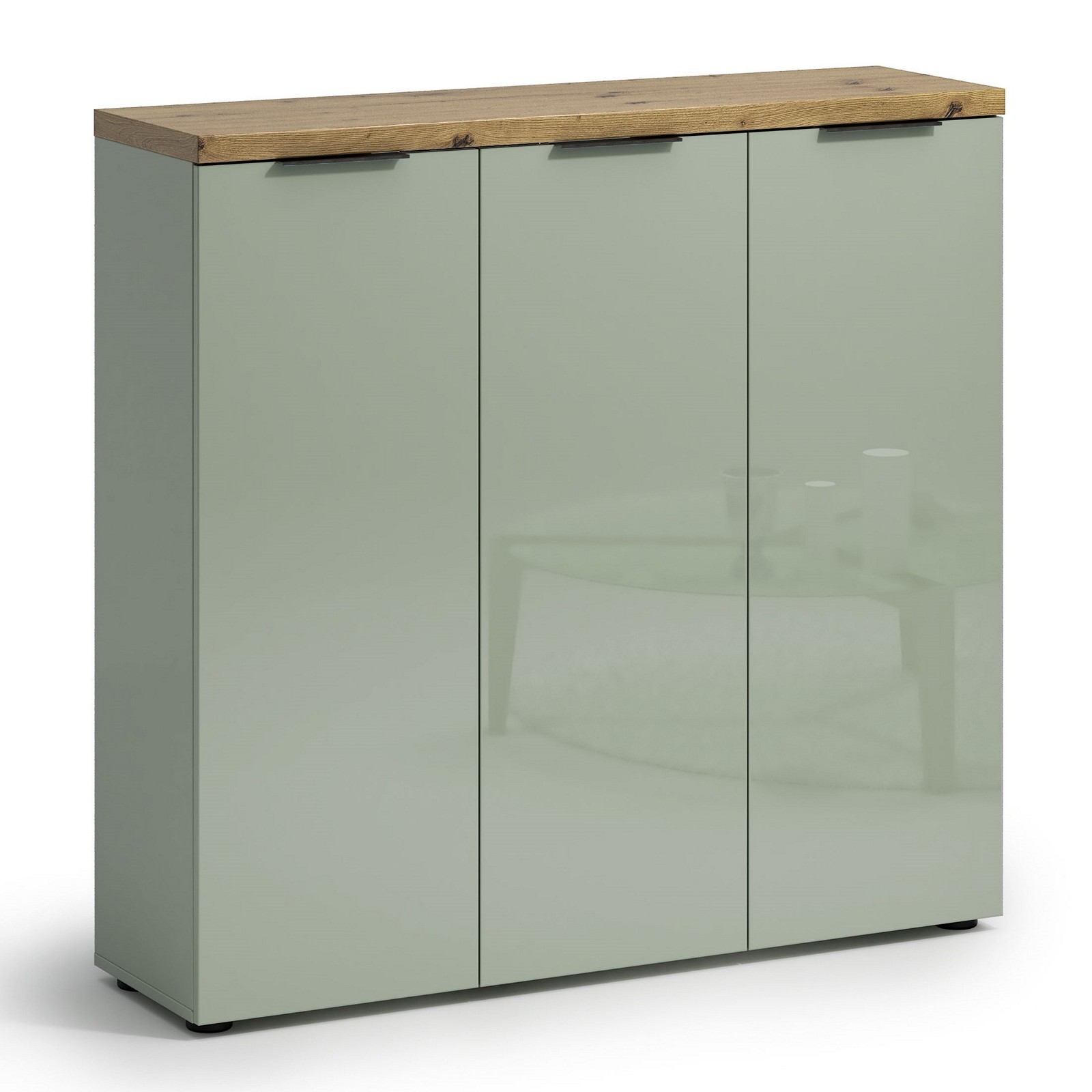 Scarpiera 3 ante 10 ripiani interni TORONTO GREEN laccata Verde Salvia lucido top finitura Rovere cm H115 L120,3 P34