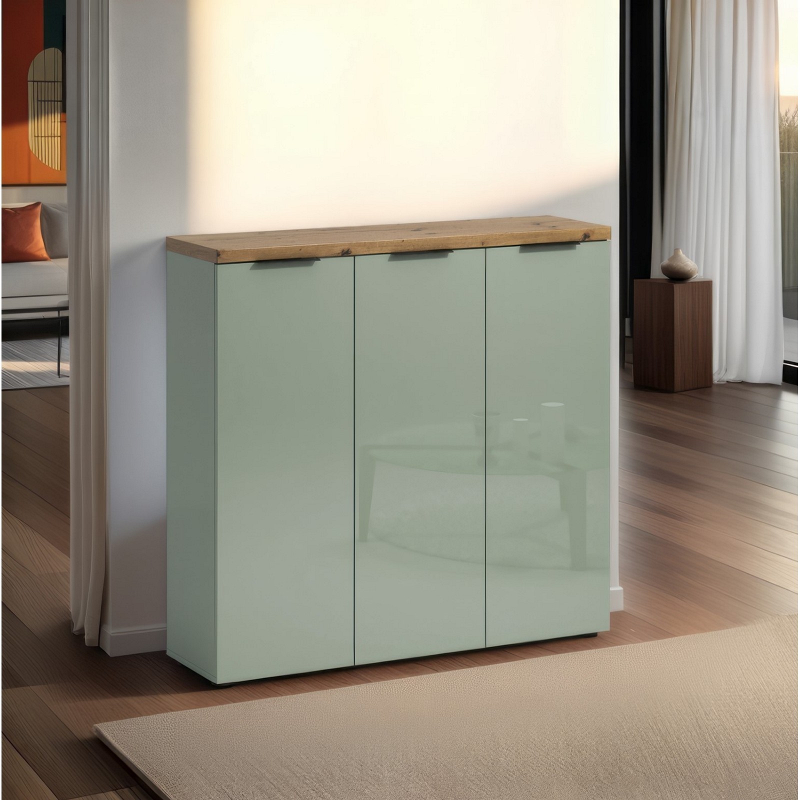 Scarpiera 3 ante 10 ripiani interni TORONTO GREEN laccata Verde Salvia lucido top finitura Rovere cm H115 L120,3 P34