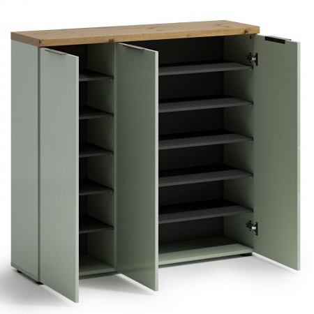 Scarpiera 3 ante 10 ripiani interni TORONTO GREEN laccata Verde Salvia lucido top finitura Rovere cm H115 L120,3 P34