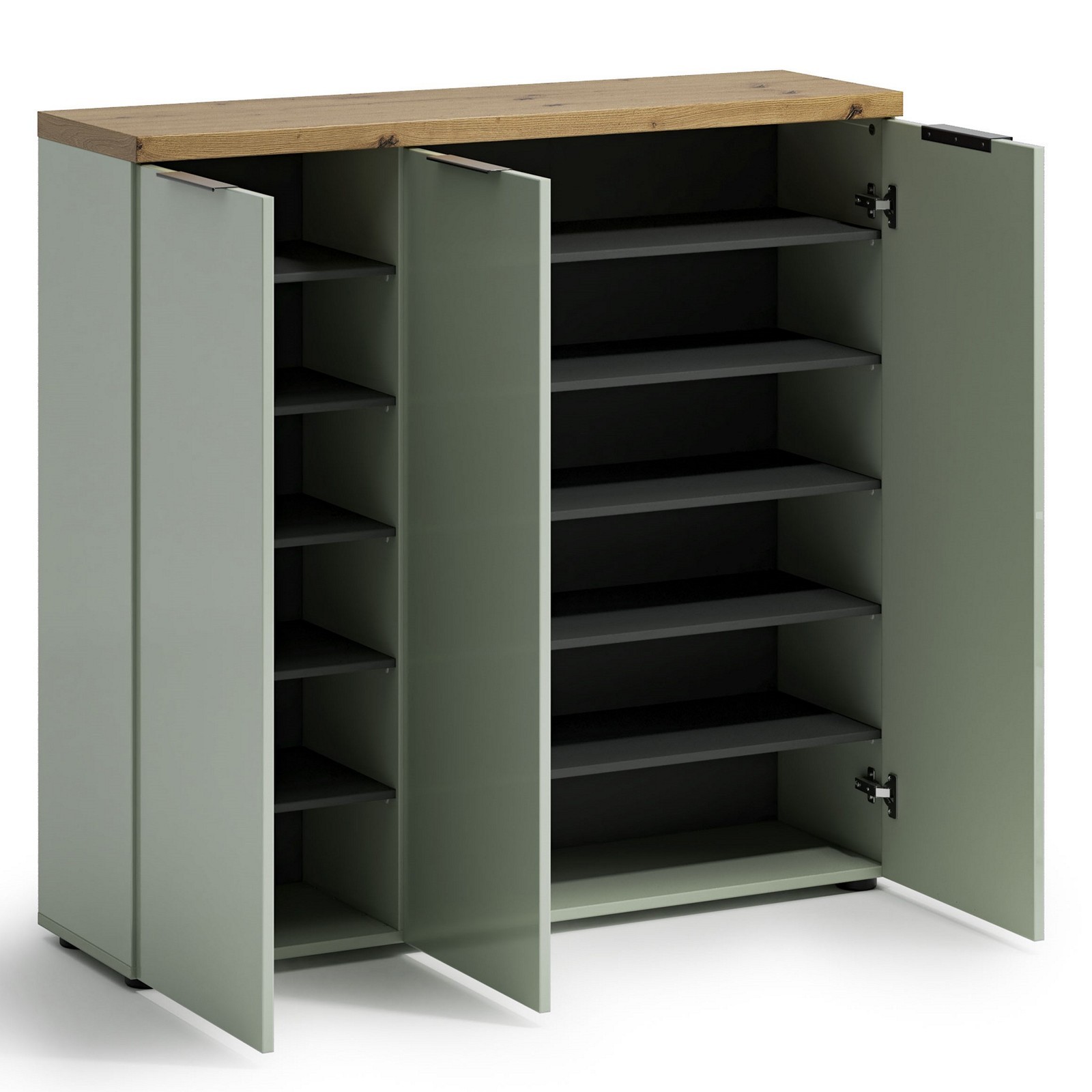 Scarpiera 3 ante 10 ripiani interni TORONTO GREEN laccata Verde Salvia lucido top finitura Rovere cm H115 L120,3 P34